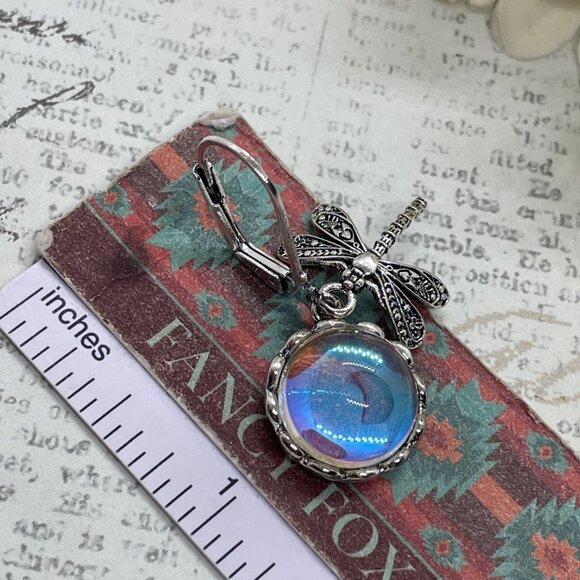 Silver plate Iridescent Dragonfly Wire Opal Earrings Fall Gift Mom Birthday Wife - Picture 13 of 16